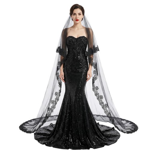 Long black lace bridal - lace, veil