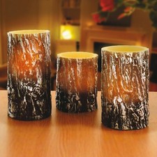 Set of 3 Woodland Design Real Wax LED Candles Faux Flameless Tree Trunk Lights