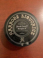 HARRODS LIQUORICE ROUND SWEET EMPTY TIN 4" x  1.75" STORAGE XMAS GIFT USED