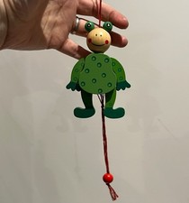 Vintage Pull String Ornament Wooden Jumping Jack Puppet Toy Frog