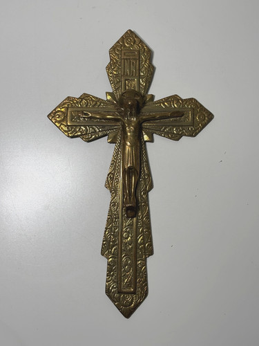 Antique brass crucifix christ - brass,