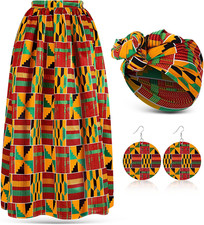 Haysandy 3 Pcs Women African Printed Maxi Skirt with Pockets Set Casual Stretch 