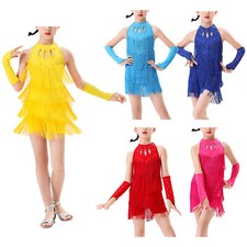 Kids Girls Latin Ballroom Outfits Rhinestones Tassels Fringed Modern Dance Dress