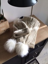 Winter Bobble Hat and Scarf Set Cream Cable Knit with White Pom Pom