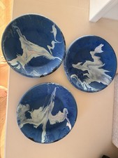 3 X Blue Swirl Pattern Tin Side Plates 21cm Diameter