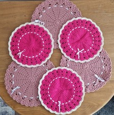 Six Vintage 70's Crocheted Place Mats Doilies Boho Shabby Chic Pink Table Linen