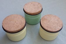 Vintage Polish enamel kitchen storage tins with cork stopper lids, set of 3.
