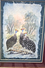Beautifully Framed Vintage African Helmeted guinea fowl art With Feathers