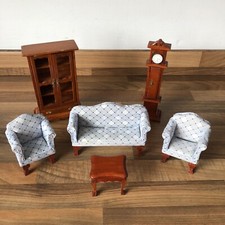 Vintage Dolls House Living Room Furniture Set Grandfather Clock, 3 Piece Settee