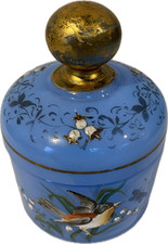 19th Century French hand-painted blue opaline glass vanity jar - birds & flowers