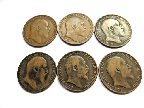 Six king edward v11 pennies - king,