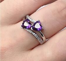 SILVER RING  A DOUBLE PURPLE AMETHYST  HEART DETAIL GENUINE BARGAIN All SIZES