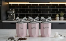 Tea Coffee Sugar Jar Pink Chrome Bow Storage Set Ceramic Air Tight Canisters