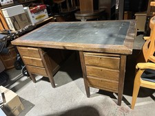 A Vintage Oak School Teachers Style Desk. Twin Pedestal, 6 Drawers Inlaid Top