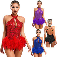 UK Womens Leotards Feather Dress Ballet Dance Backless One Piece Costume Outfit