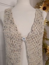 STUNNING! HAND KNITTED BEIGE MIX FLECKED CROCHET KNIT WOOL LONG BOHO WAISTCOAT S