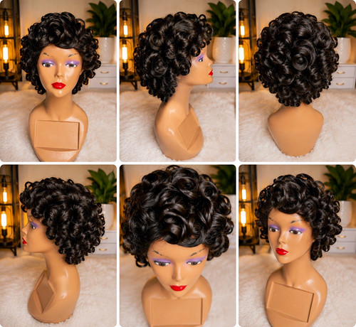 Short black curly wig - black, for