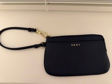 DKNY Navy Blue Leather Wristlet in Gold Detailing With A Short Strap