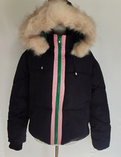 TopShop Padded Puffer Jacket Faux Fur Trim Navy Pink Green Accents - Size UK 8