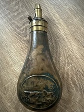 Vintage Brass and Copper Gun Powder Flask with Embossed Hunting Scene Sport Dogs