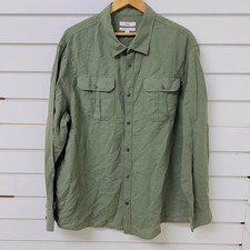Marks & Spencer Shirt Mens 3XL Olive Green Linen Pleated Button Up Workwear