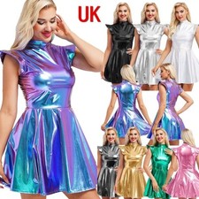 UK Womens Cap Sleeve Metallic Shiny Halloween Party Holographic Sparkly Dress