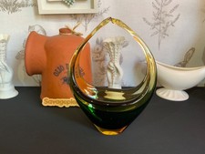 Murano / Venetian Green & Amber Sommerso Glass Basket Vase 7.5”