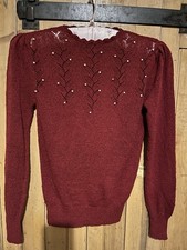 Ladies Vintage Burgundy Puff Sleeves Lace Knit With Small Pearls. Size 8