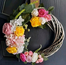 Bespoke Handmade Pink & Yellow floral grey willow wreath, Spring Summer Wreath