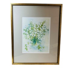 Vintage Shirley Felts Watercolour Print White Flowers Framed Signed 53cm x 43cm