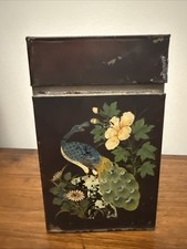 Antique Chinese Tin Tea Caddy Box Hand Painted Peacock Old Made in China