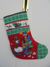 Vintage Quilted Christmas Stocking : Snowman & Reindeer Printed Fabric : vgc