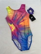 New GK Elite LEOTARD Gymnastics RAINBOW Tie Dye OMBRE Bright + Scrunchi SIZE AXS