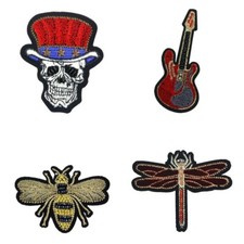Velvet Beaded Gold Bee Red Guitar Skull Hat Iron-on Sew-on Fabric Patch Badge UK