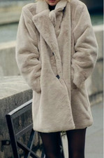 NEW ZARA RICH FAUX FUR LADIES WARM COAT GREY BEIGE COLLAR WOMEN JACKET SIZE M