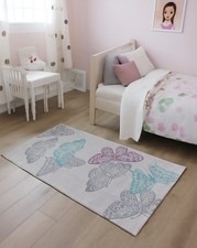 Butterfly Rug In Light Grey Background with Aqua,Purple & Dark Grey-RUG090/150