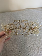 Vintage Gold Wire Ivory Sparkly Crystal Pearl Flower Tiara Alice Band Mouldable 