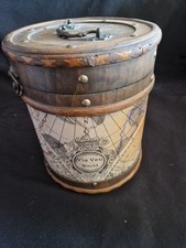 Wooden Barrel Shaped Storage Box Wine Drum Decorative Map Design