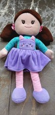 Chad Valley Rag Doll Soft Toy Purple Dress brown hair cat kitten 12" Argos