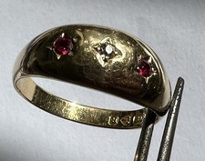 18ct Gypsy Gold Ring, Diamond & Rubies, Size  O, 2.39 grms. Chester 1900.