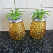 Set of 2  Pineapple Shaped Glass Cocktail Drinking Mason Jar Tumblers with Straw