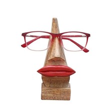 Handcrafted Wooden Eyeglass Holder Stand – Novelty Face Design with Red Lips