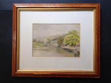 Victorian Landscape Watercolour Painting - River - Trees - Mountains - Antique 