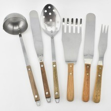 6x VTG Wooden Handle Kitchen Utensil Bundle Stainless Ladle Palette Fork Tool
