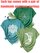 Women’s Lotus Flower Print T-Shirt Boho Casual Top Yoga + Handmade Earrings Gift