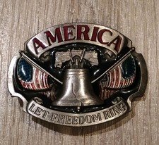 Vintage Siskiyou Belt Buckle America – Let Freedom Ring Liberty Bell USA Flags