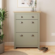 Slim Wooden Shoe Cabinet with Drawer – Oak Effect, 12 Pair Storage, Sage Green