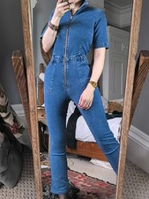 Mango MNG Blue Zipper Denim Short sleeve Jumpsuit Sexy Flattering Size M