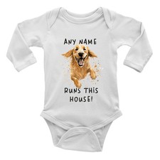 Personalised Golden Retriever Runs This House Dog Baby Grow Vest Bodysuit L/S