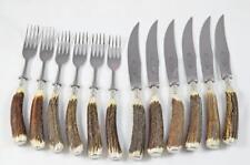 6 Sheffield Silver Ferruled Steak Knives & Forks Red Deer Stag Antler Handles